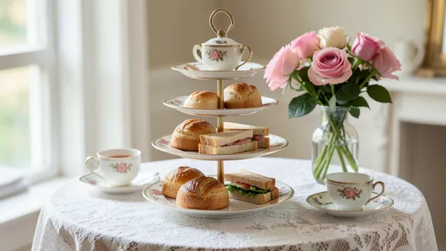 Elegant afternoon tea table with three-tiered stand, scones, sandwiches, china cups, and roses