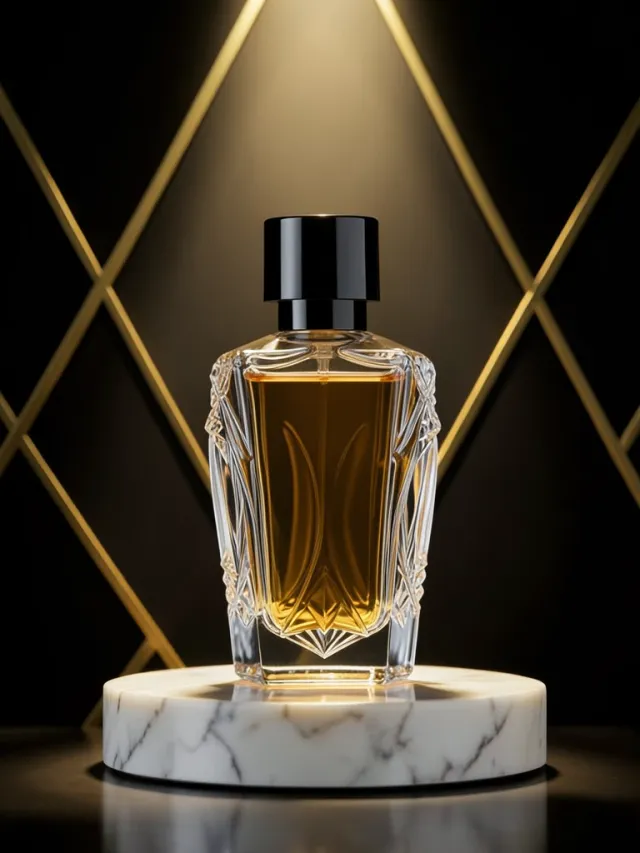 An elegant art deco faceted perfume bottle on a marble pedestal under a golden spotlight