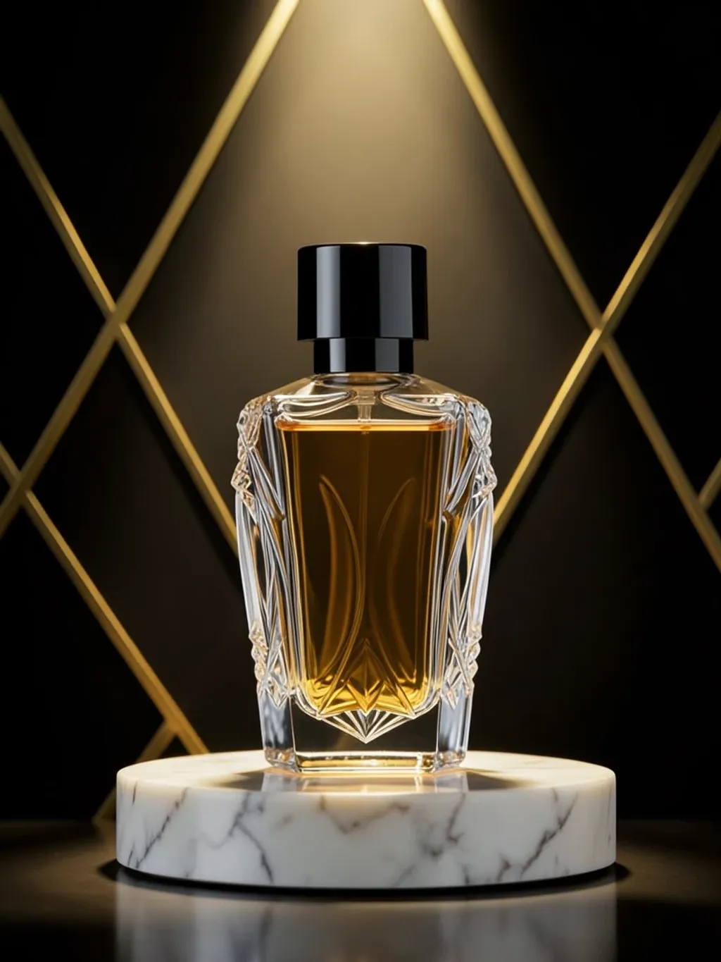 An elegant art deco faceted perfume bottle on a marble pedestal under a golden spotlight