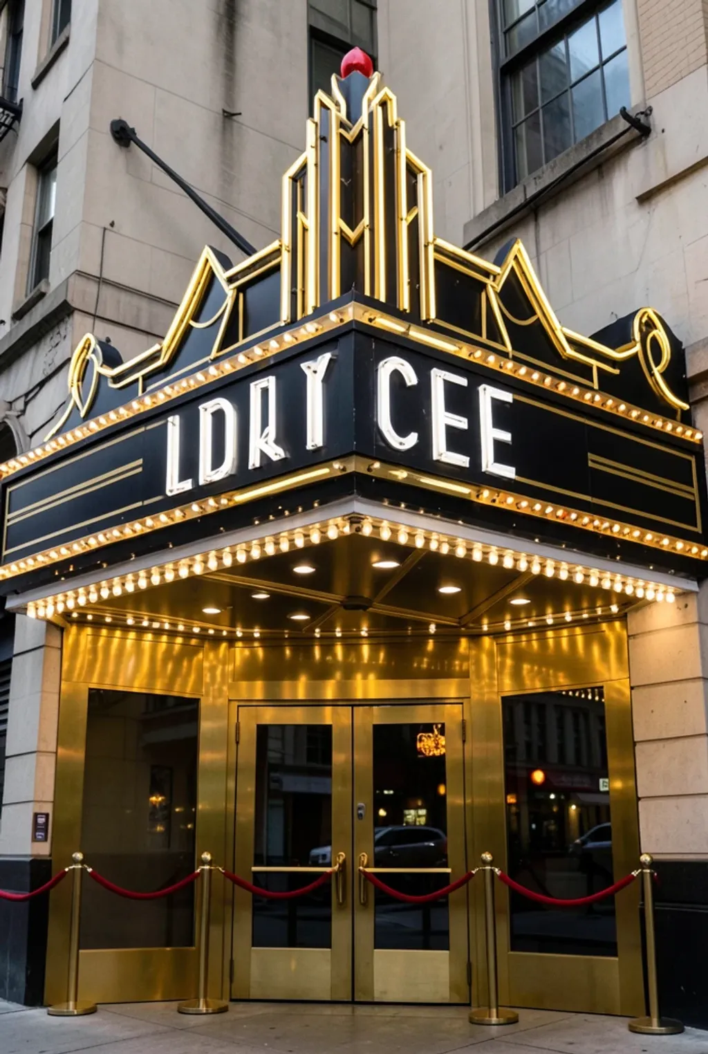Elegant art deco theater marquee with geometric gold and black details, blank neon bulbs, and brass doors