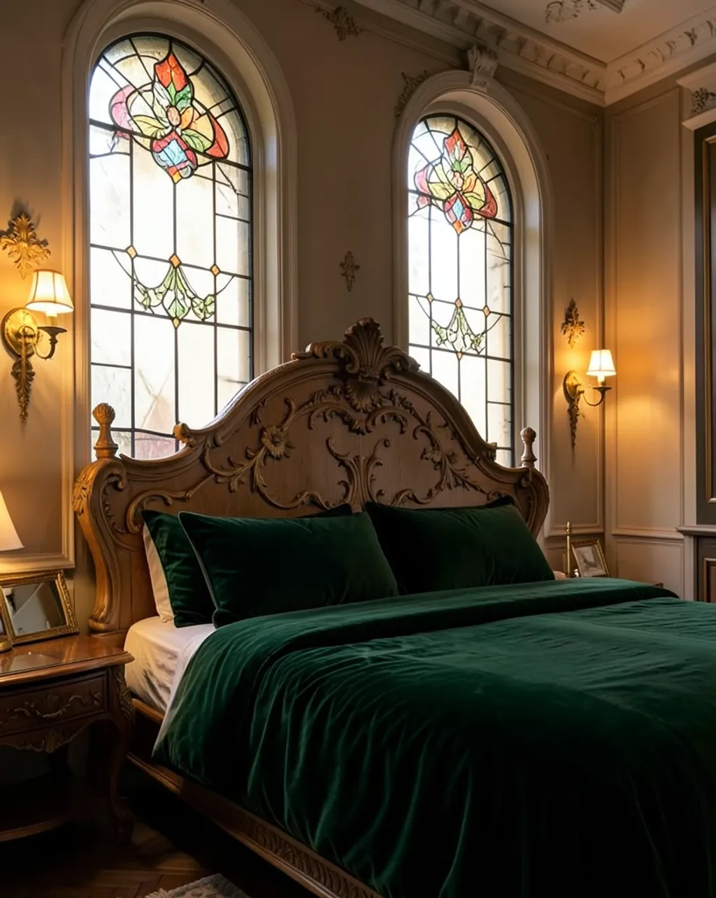 Elegant art nouveau bedroom with carved headboard, green velvet bedding, and stained glass windows