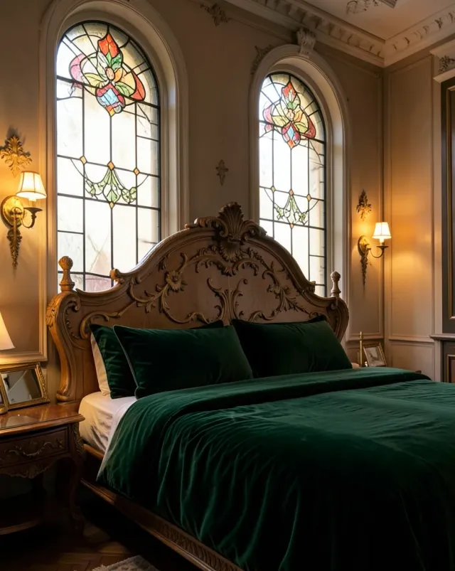 Elegant art nouveau bedroom with carved headboard, green velvet bedding, and stained glass windows