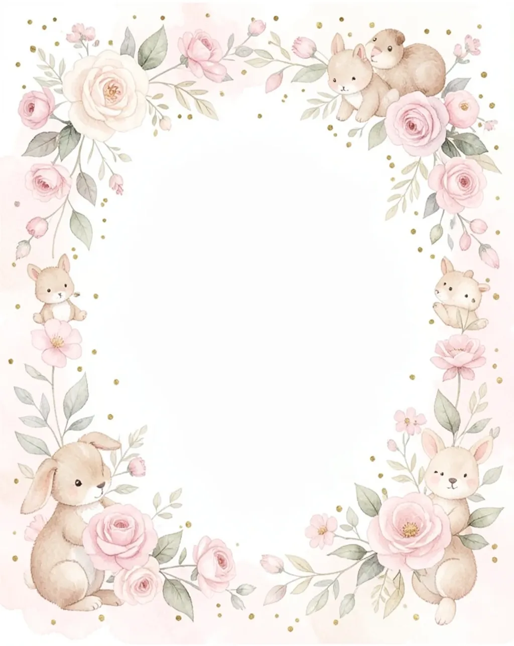 Soft watercolor baby animals and flowers framing a blank white center with delicate gold confetti