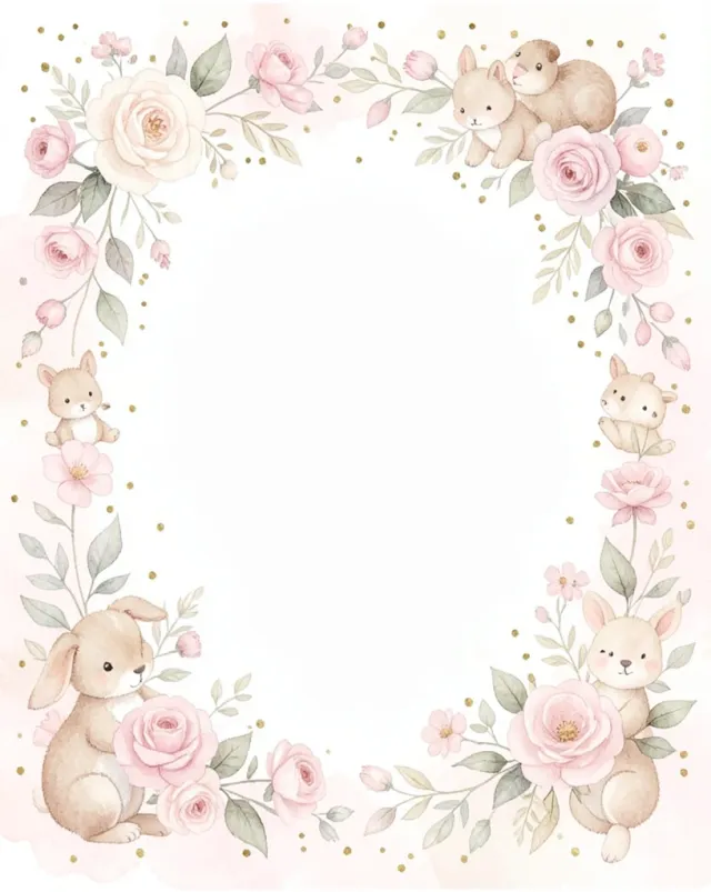 Soft watercolor baby animals and flowers framing a blank white center with delicate gold confetti