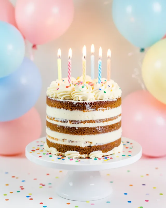 Elegant layered birthday cake with buttercream swirls, lit candles, confetti, and pastel balloons