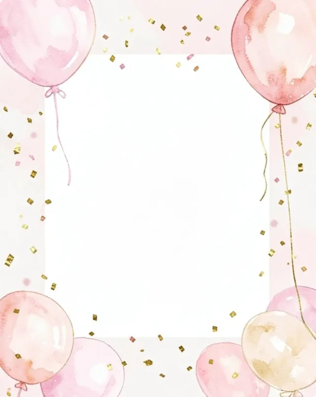 Soft watercolor balloons and confetti around a blank white center in blush pink and gold