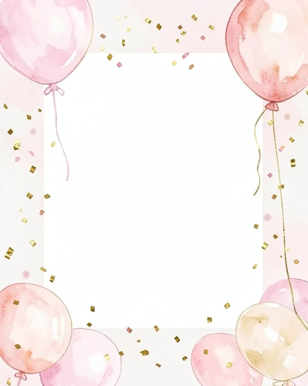 Soft watercolor balloons and confetti around a blank white center in blush pink and gold