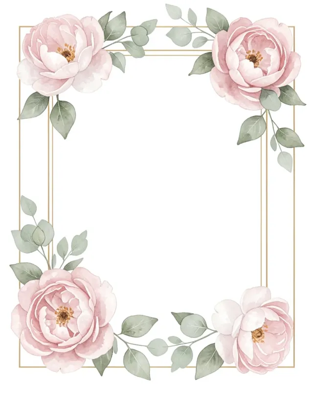 Soft watercolor peonies and eucalyptus around a blank white center with delicate gold frame