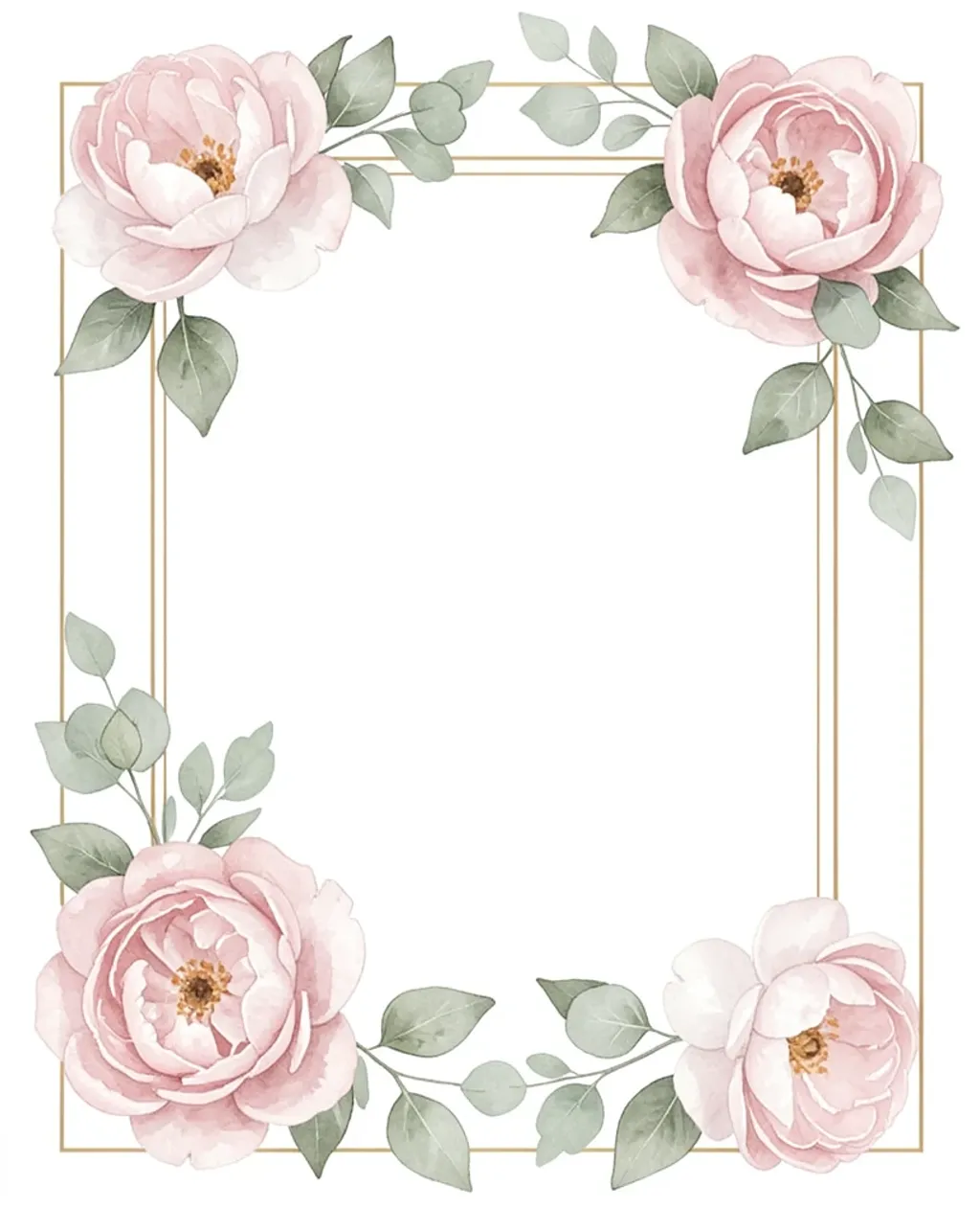 Soft watercolor peonies and eucalyptus around a blank white center with delicate gold frame