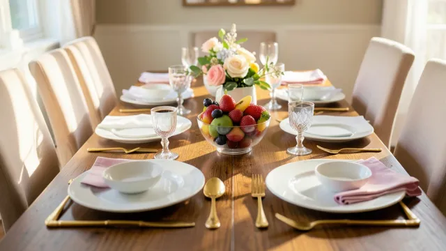 Elegant brunch table with white plates, gold cutlery, fresh fruit, coffee cups, and pastel napkins