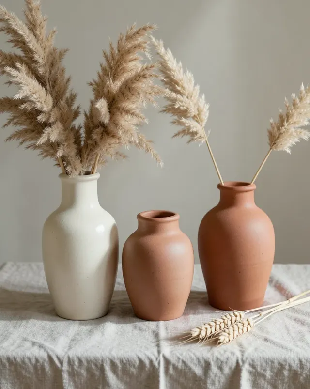 Elegant handmade ceramic vases with dried pampas grass on linen in muted earth tones