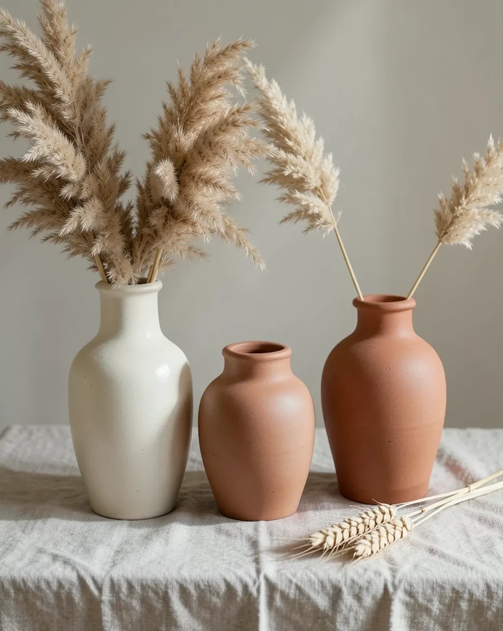 Elegant handmade ceramic vases with dried pampas grass on linen in muted earth tones