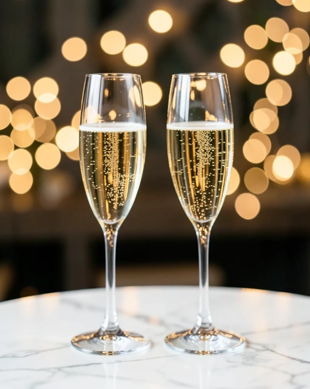 Two crystal champagne flutes clinking with rising golden bubbles and soft bokeh lights