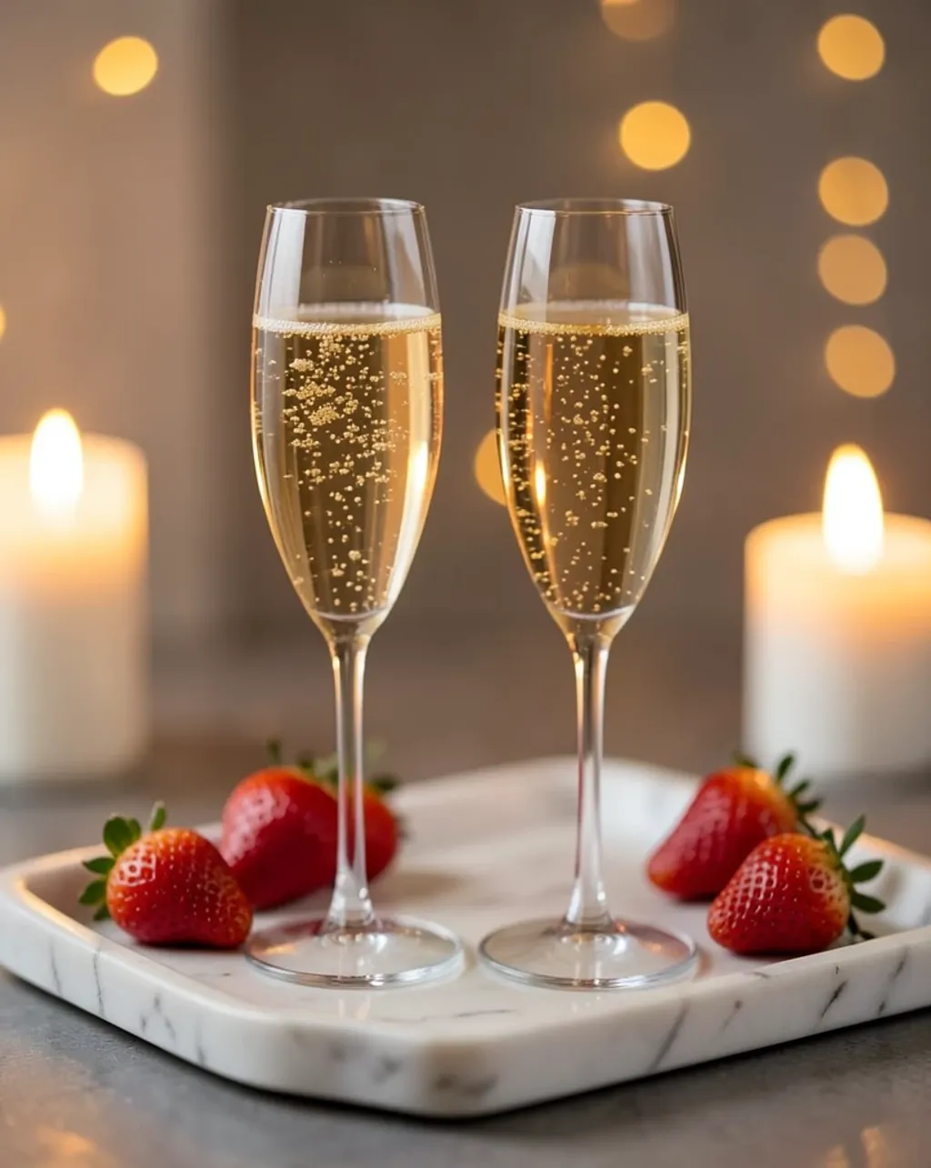 Two tall champagne flutes with rising bubbles on a marble tray with strawberries and candlelight bokeh
