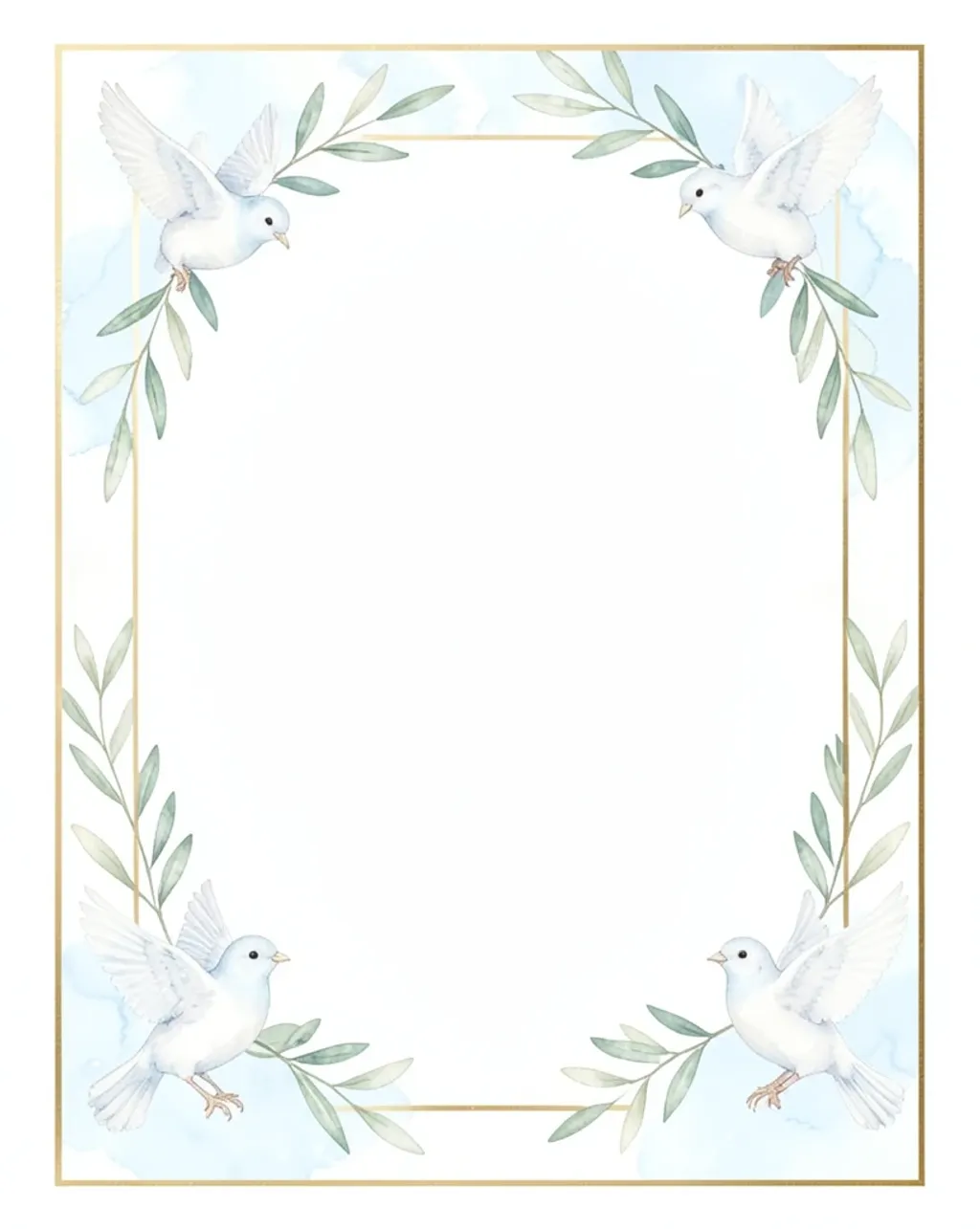 Soft watercolor doves and olive branches around a blank white center with delicate gold frame