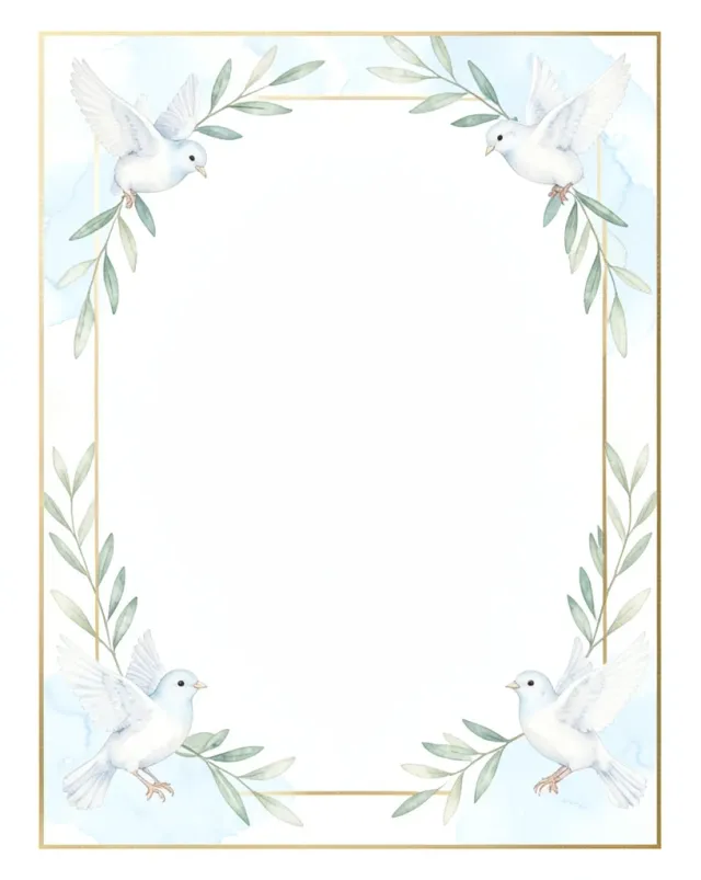 Soft watercolor doves and olive branches around a blank white center with delicate gold frame