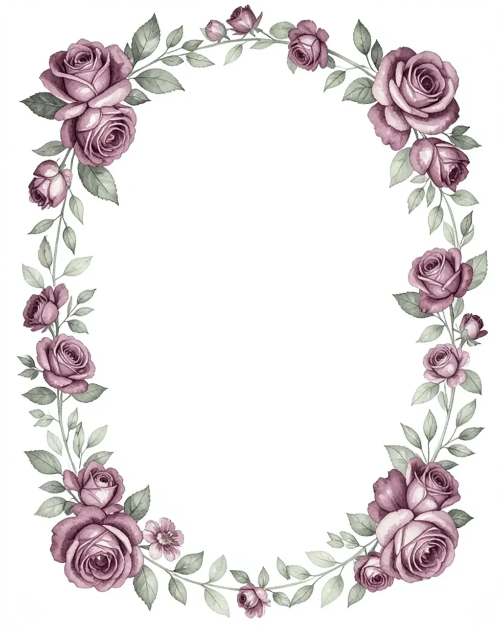 Elegant watercolor roses and greenery border around a blank white center in burgundy and sage
