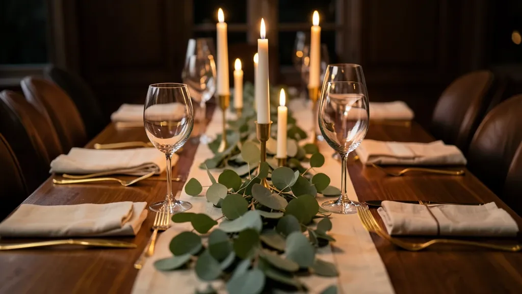 Elegant dinner table with linen napkins, gold flatware, candles, and eucalyptus runner in soft light
