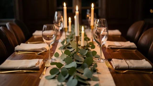 Elegant dinner table with linen napkins, gold flatware, candles, and eucalyptus runner in soft light