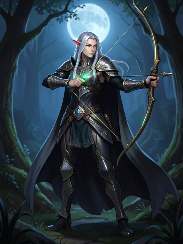 Elegant silver-haired elf archer drawing a glowing bow in a moonlit forest clearing