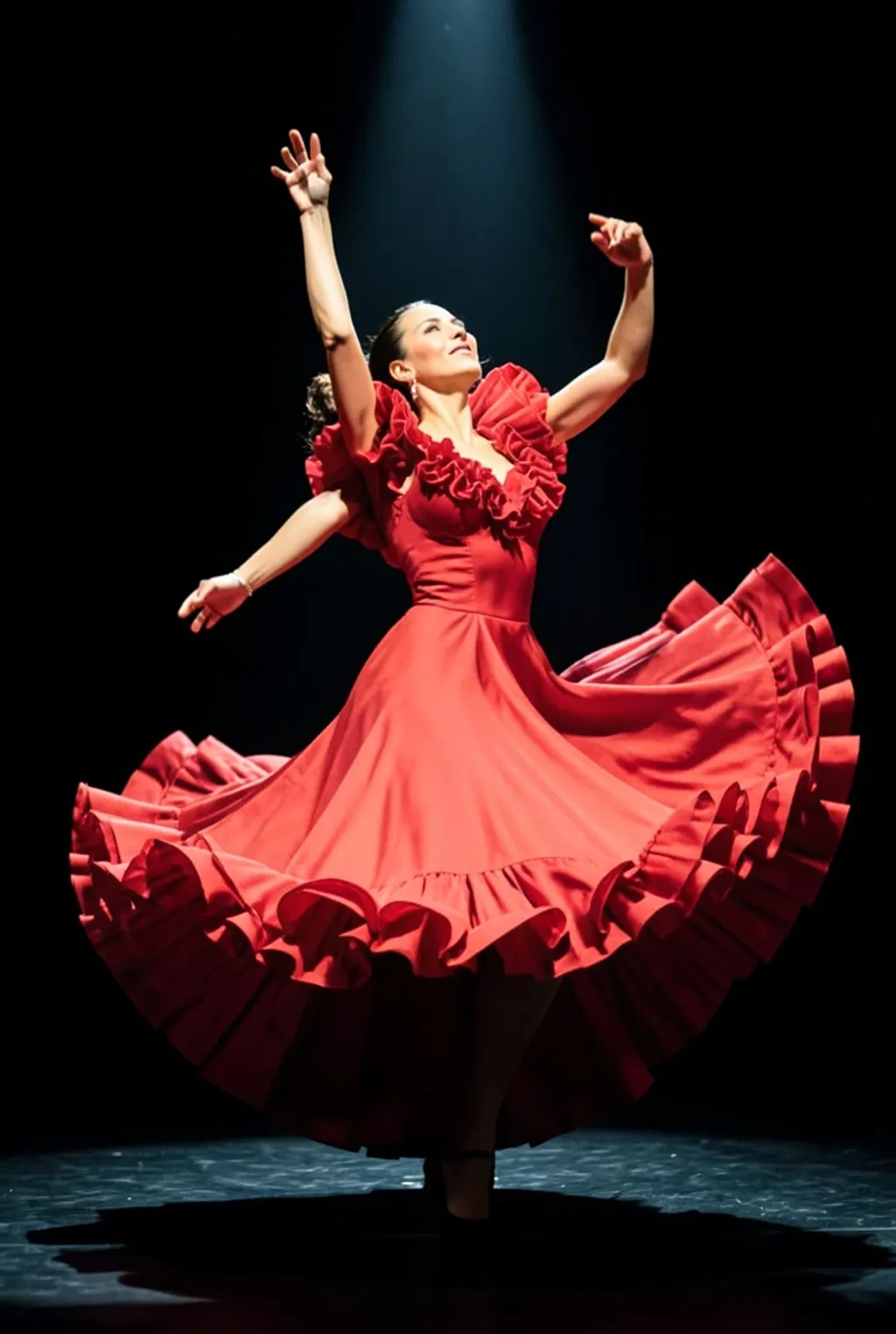 Elegant flamenco dancer in ruffled red dress mid-twirl under a dramatic spotlight