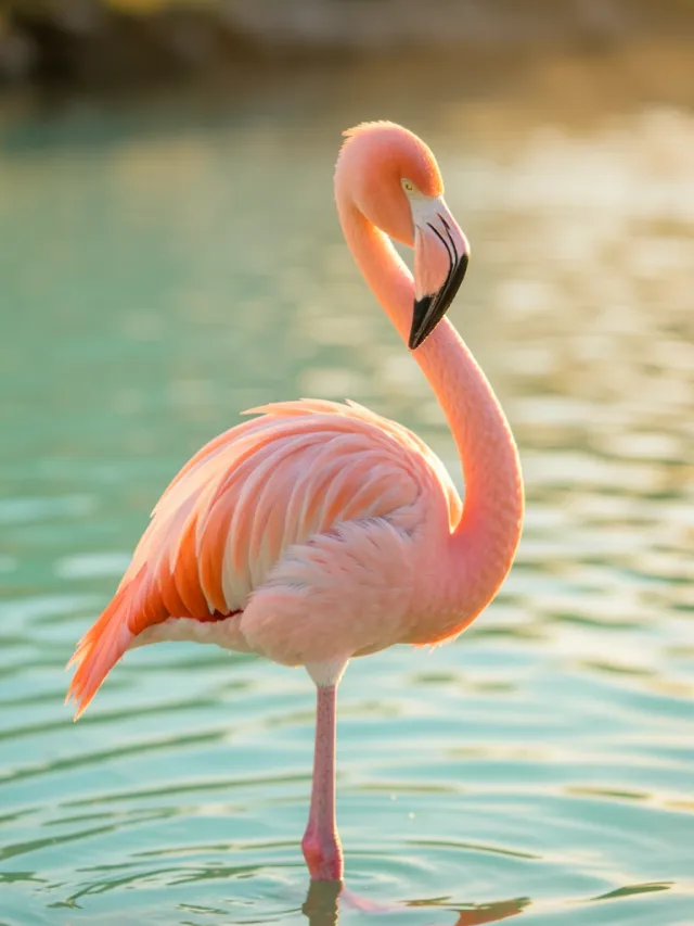 Elegant pink flamingo with curved neck standing in shallow turquoise water at golden hour