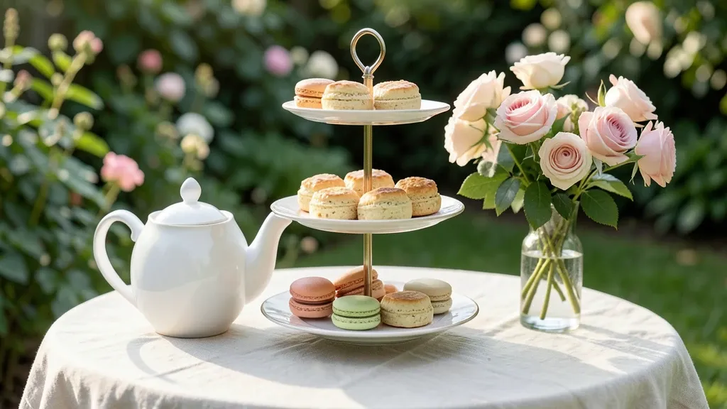 Elegant garden afternoon tea with three-tiered dessert stand, teapot, and fresh roses on linen