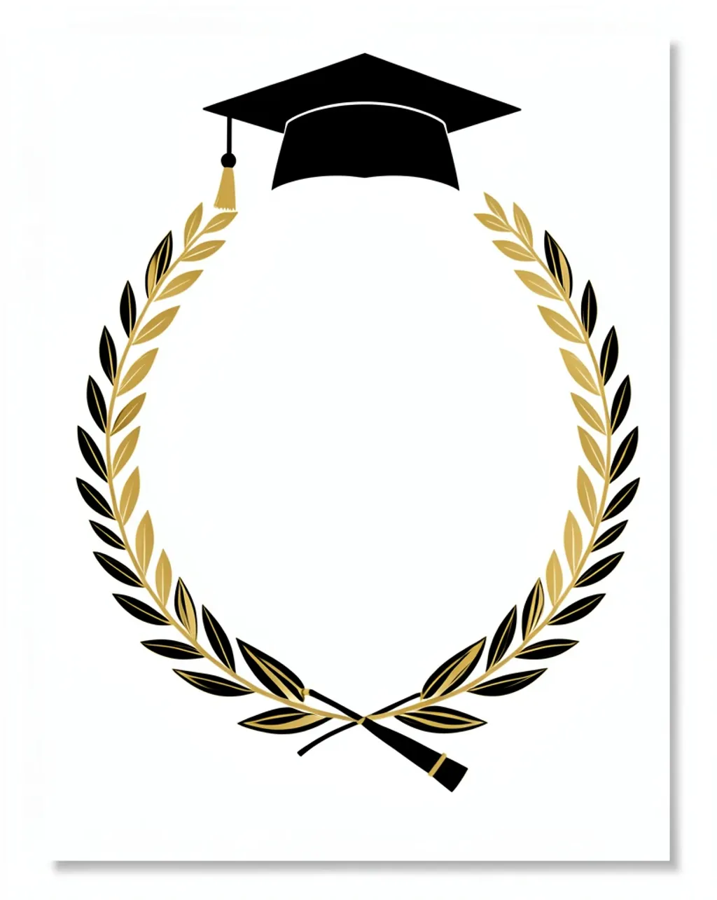 Elegant graduation cap and diploma silhouette with laurel wreath framing a blank white center