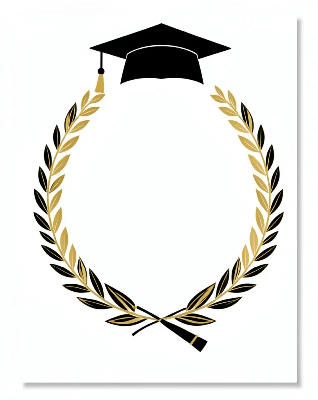Elegant graduation cap and diploma silhouette with laurel wreath framing a blank white center