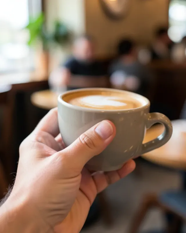 Close-up of an elegant hand holding a warm ceramic cappuccino cup in soft natural cafe light