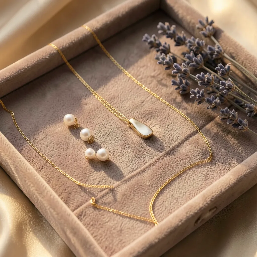 Elegant gold necklace, pearl earrings, and bracelet on a velvet tray with dried lavender
