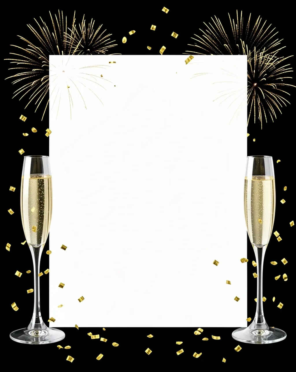 Elegant champagne flutes and golden confetti around a blank white center with subtle fireworks