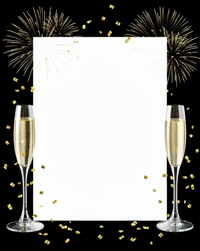 Elegant champagne flutes and golden confetti around a blank white center with subtle fireworks