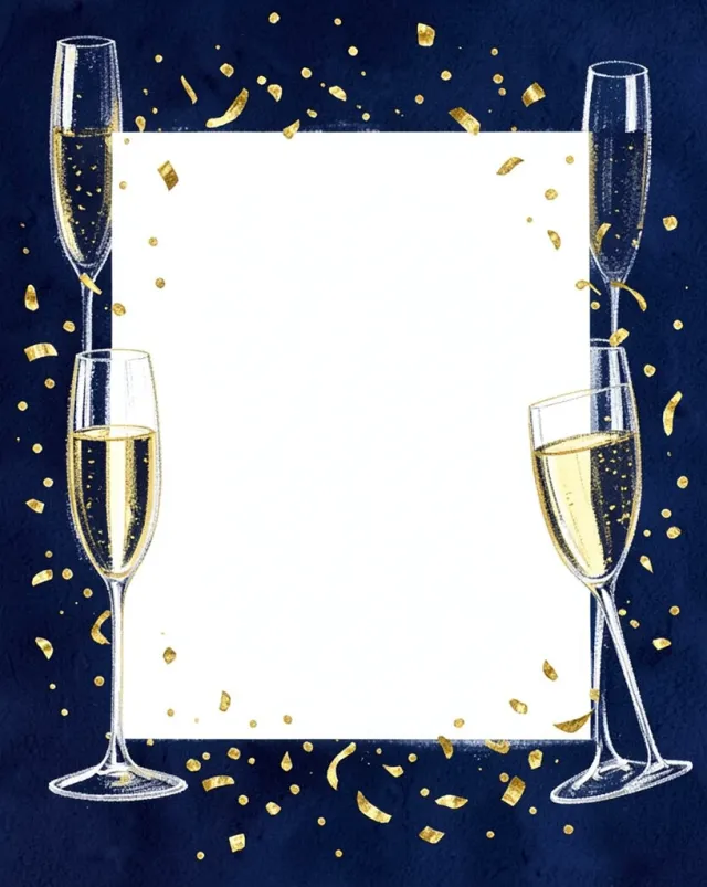 Champagne glasses and gold confetti around a blank white center in deep navy and gold watercolor