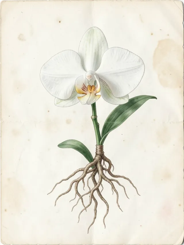 Elegant white phalaenopsis orchid botanical study with detailed petals on aged cream paper