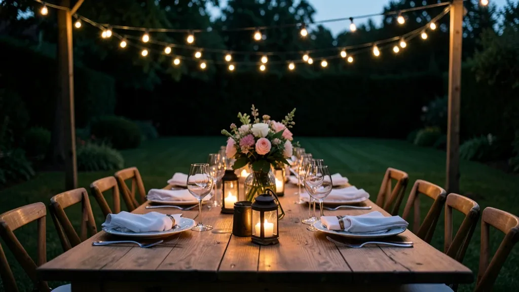 Elegant outdoor garden dinner table with string lights, linen napkins, wine glasses, and floral centerpiece at dusk
