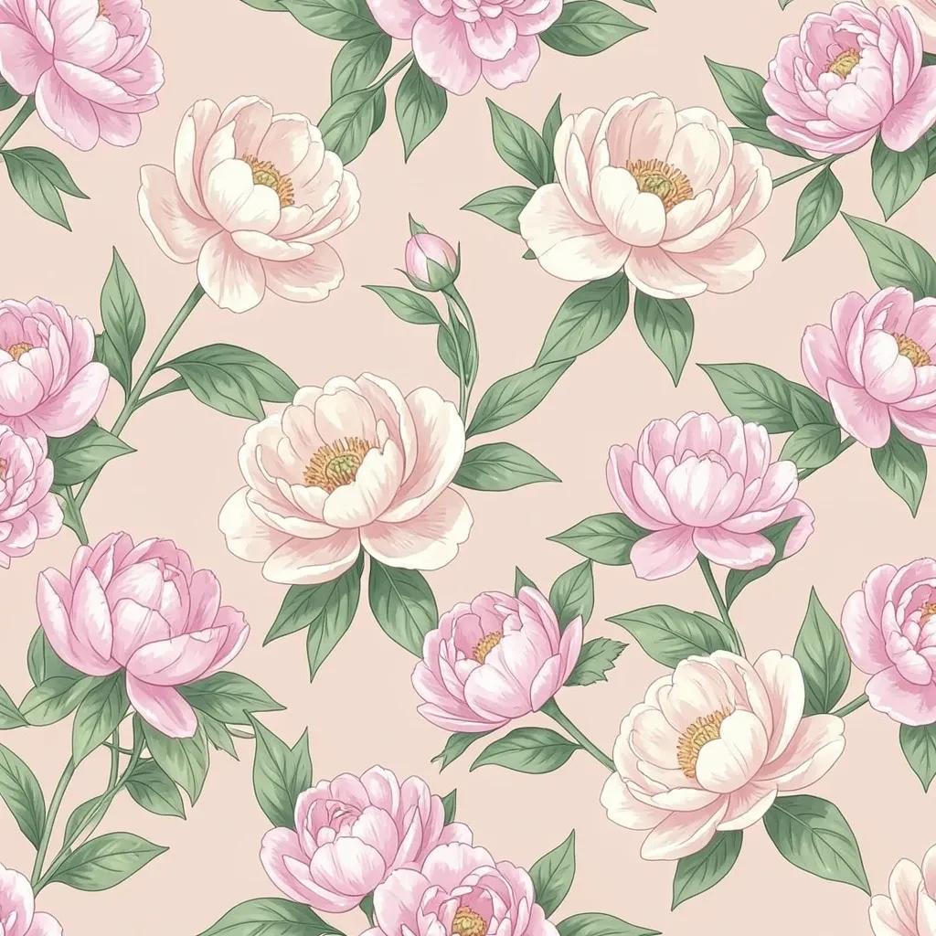 Elegant seamless peony floral pattern in pink and cream with green leaves on blush background