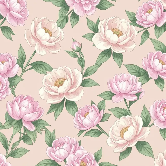 Elegant seamless peony floral pattern in pink and cream with green leaves on blush background