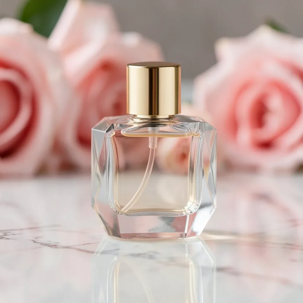 Elegant faceted glass perfume bottle with gold cap on marble, soft pink roses blurred behind