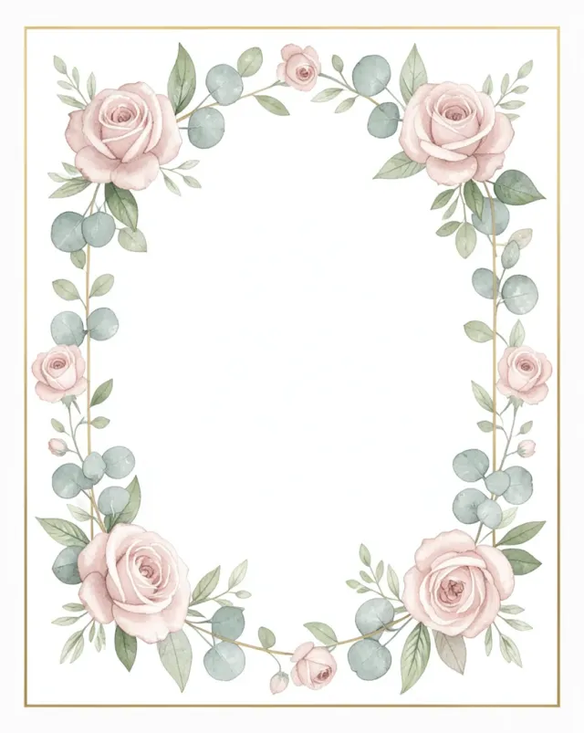 Soft watercolor roses and eucalyptus around a blank white center with delicate gold frame