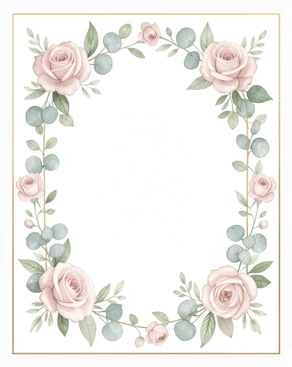 Soft watercolor roses and eucalyptus around a blank white center with delicate gold frame