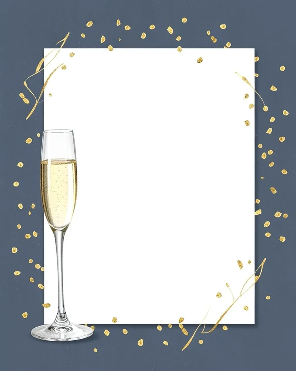 Champagne flute and gold confetti around a blank white center in muted navy and gold watercolor