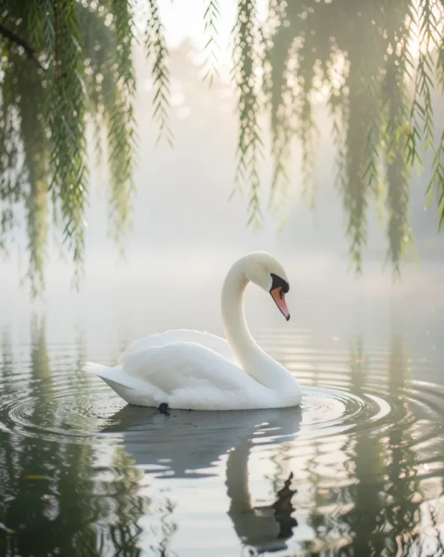 Elegant white swan gliding on a misty lake with willow branches in soft morning light