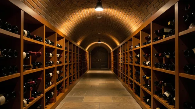 Elegant underground wine cellar with arched brick tunnel and wooden racks of bottles receding into warm light