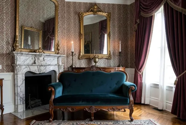 Elegant Victorian parlor with velvet sofa, carved wood, marble fireplace, gold mirror, and drapes