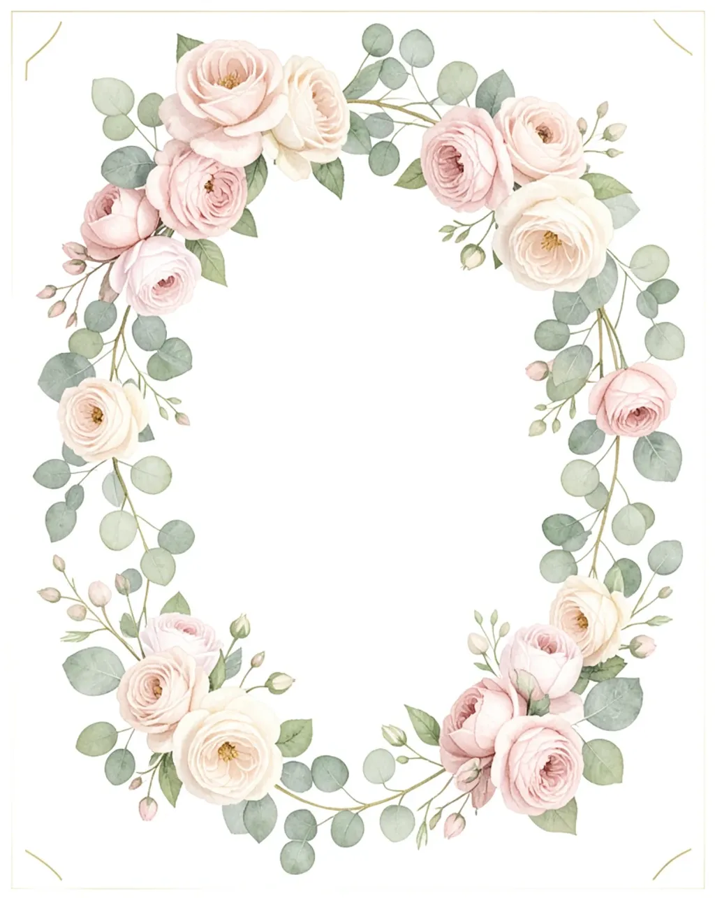Elegant watercolor roses and eucalyptus around a blank white center with gold line accents