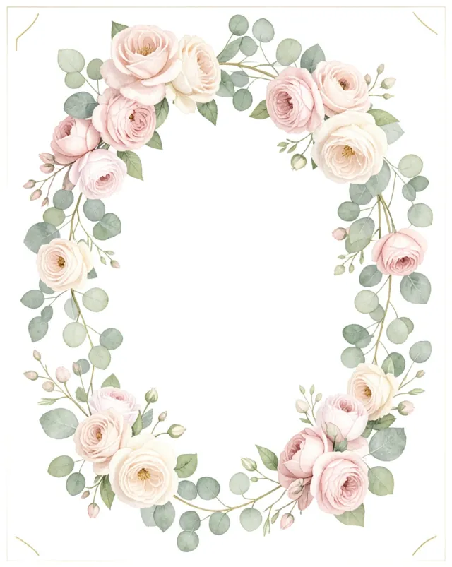Elegant watercolor roses and eucalyptus around a blank white center with gold line accents