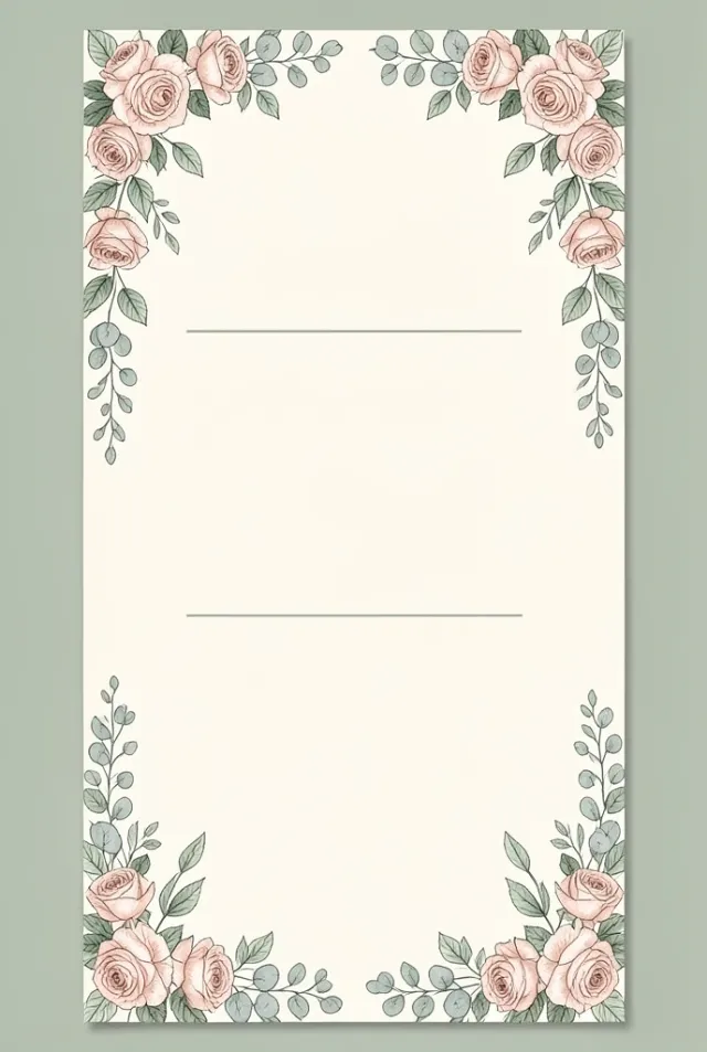 Tall cream wedding menu card with a rose and eucalyptus border and three blank course panels