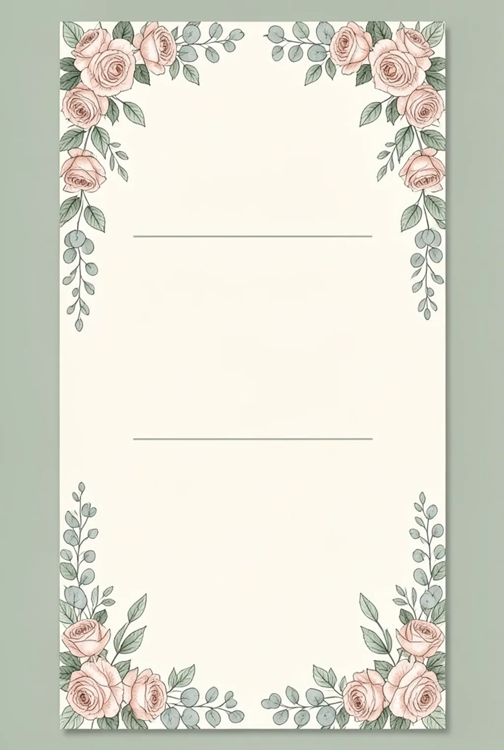 Tall cream wedding menu card with a rose and eucalyptus border and three blank course panels
