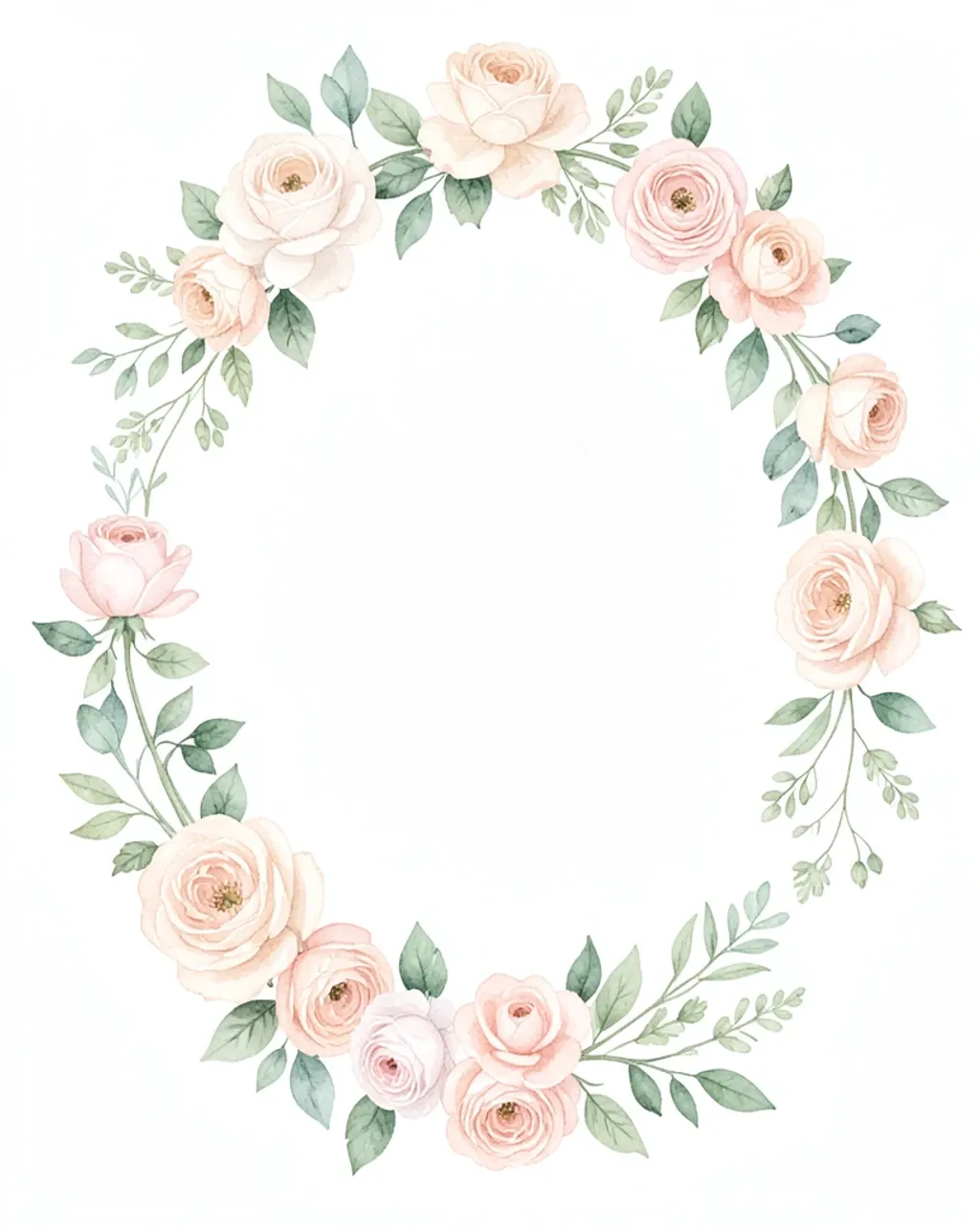 Delicate watercolor roses and trailing greenery framing a blank white center in blush and sage